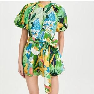 Farm Rio Anthropologie Toucans Linen Blend Romper In Green Size Small